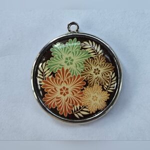 Bella Boutique Reversible Necklace Pendant Multicolor Flowers & Leaves 2-Sided